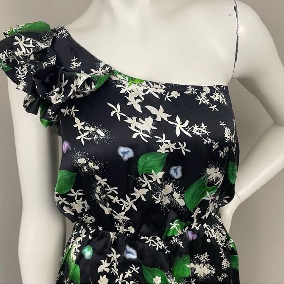 ISOLDA Frog Leaf Print Black Silk One Shoulder Ruffle Mini Dress - Picture 7 of 8